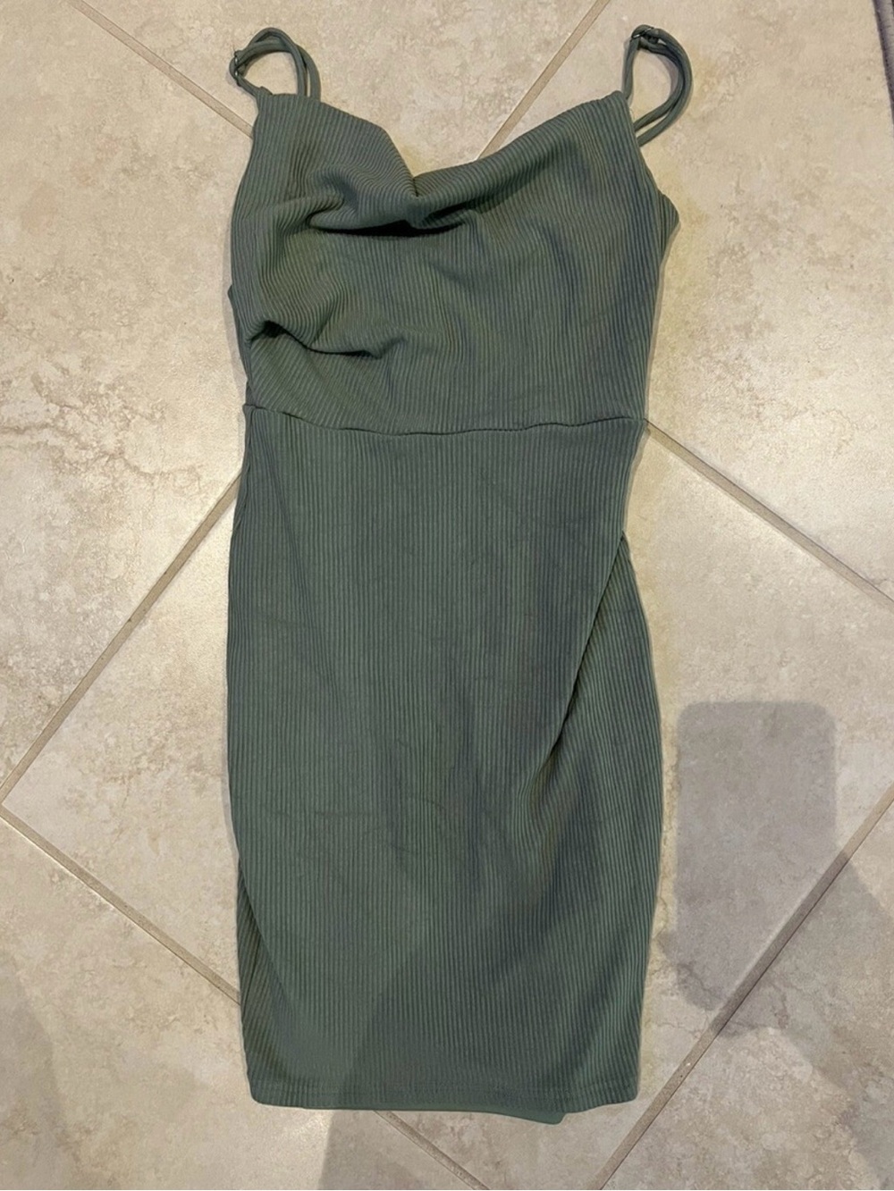 Selfie Leslie Olive Ribbed Cowl Neck Mini Dress